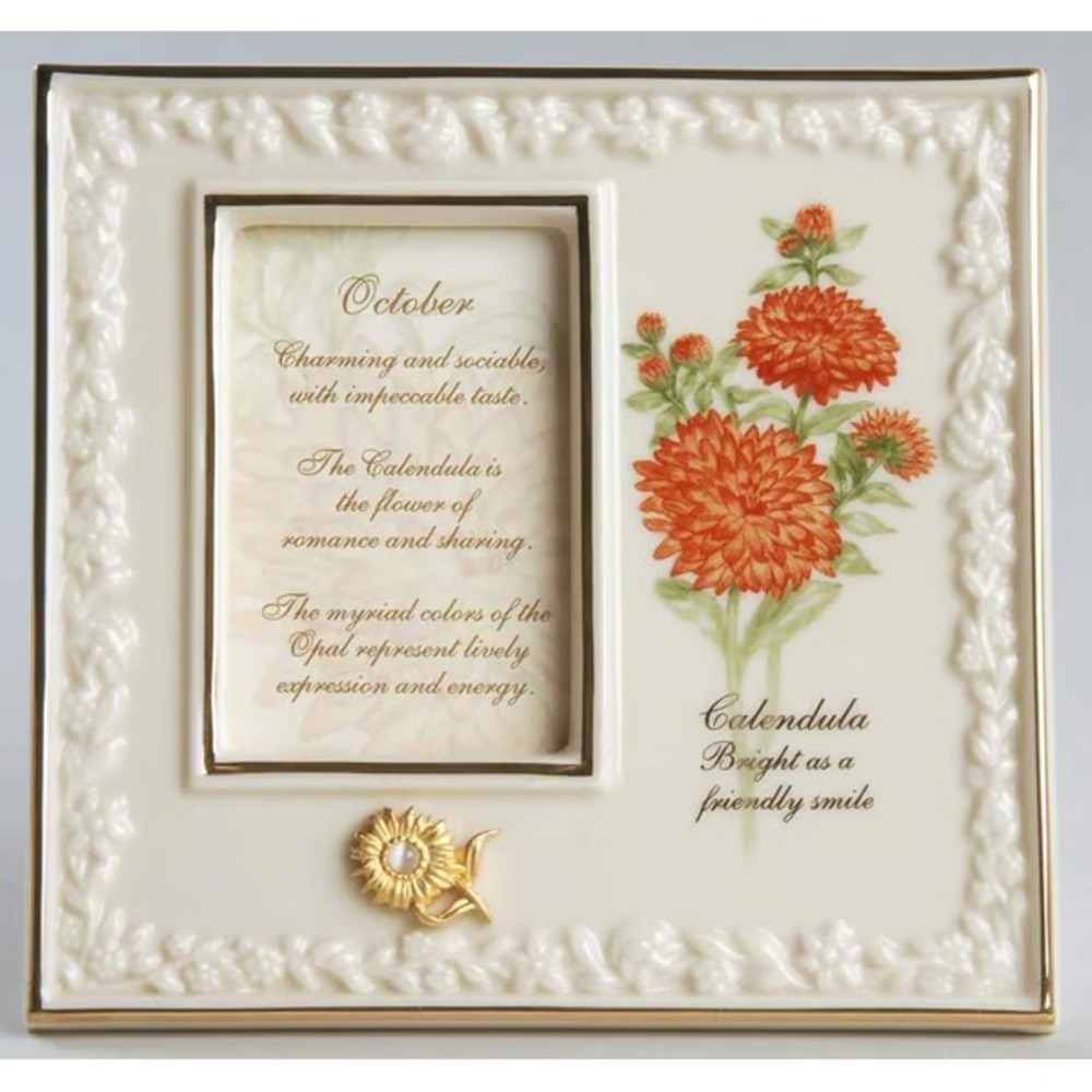 Lenox China Treasures Picture Frame October With Opal Calendula Flower
